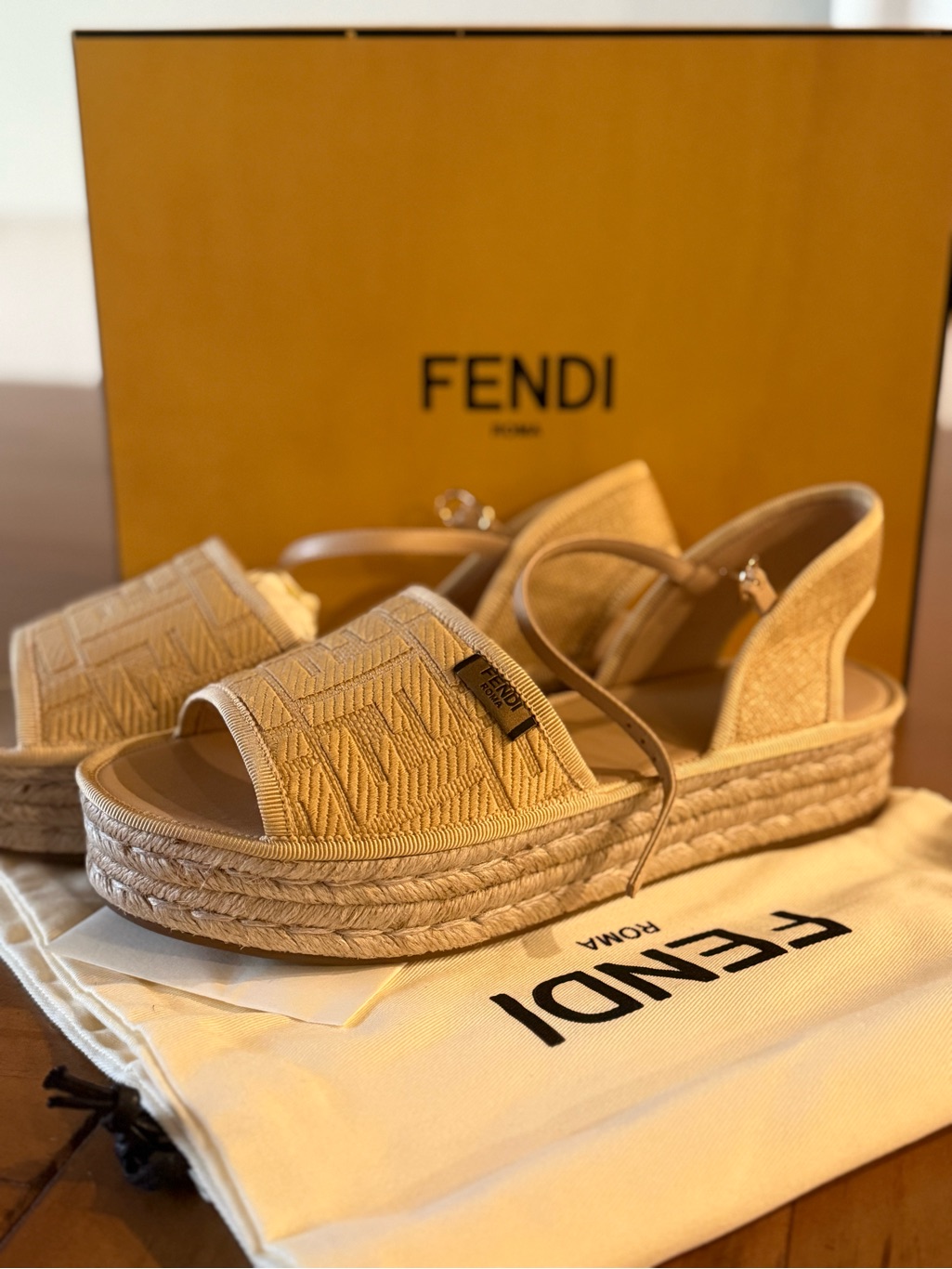 Fendi Natural Beige Espadrille Platform Slingback Sandals